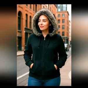 Green Tea Zip-Up Hoodie | Fur-Trimmed, Fleece-Lined Black  Zip-Off Hood | XL